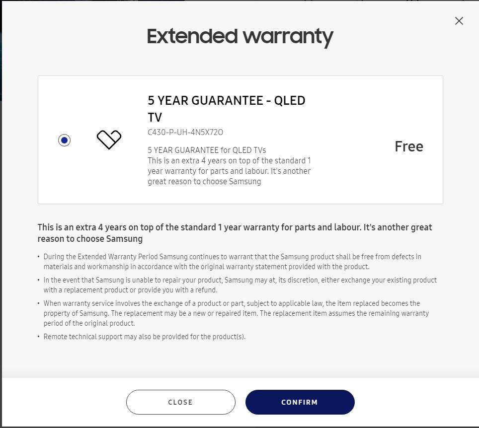 Extra 4 Year warranty on top of 1 year NO Confirmation Samsung