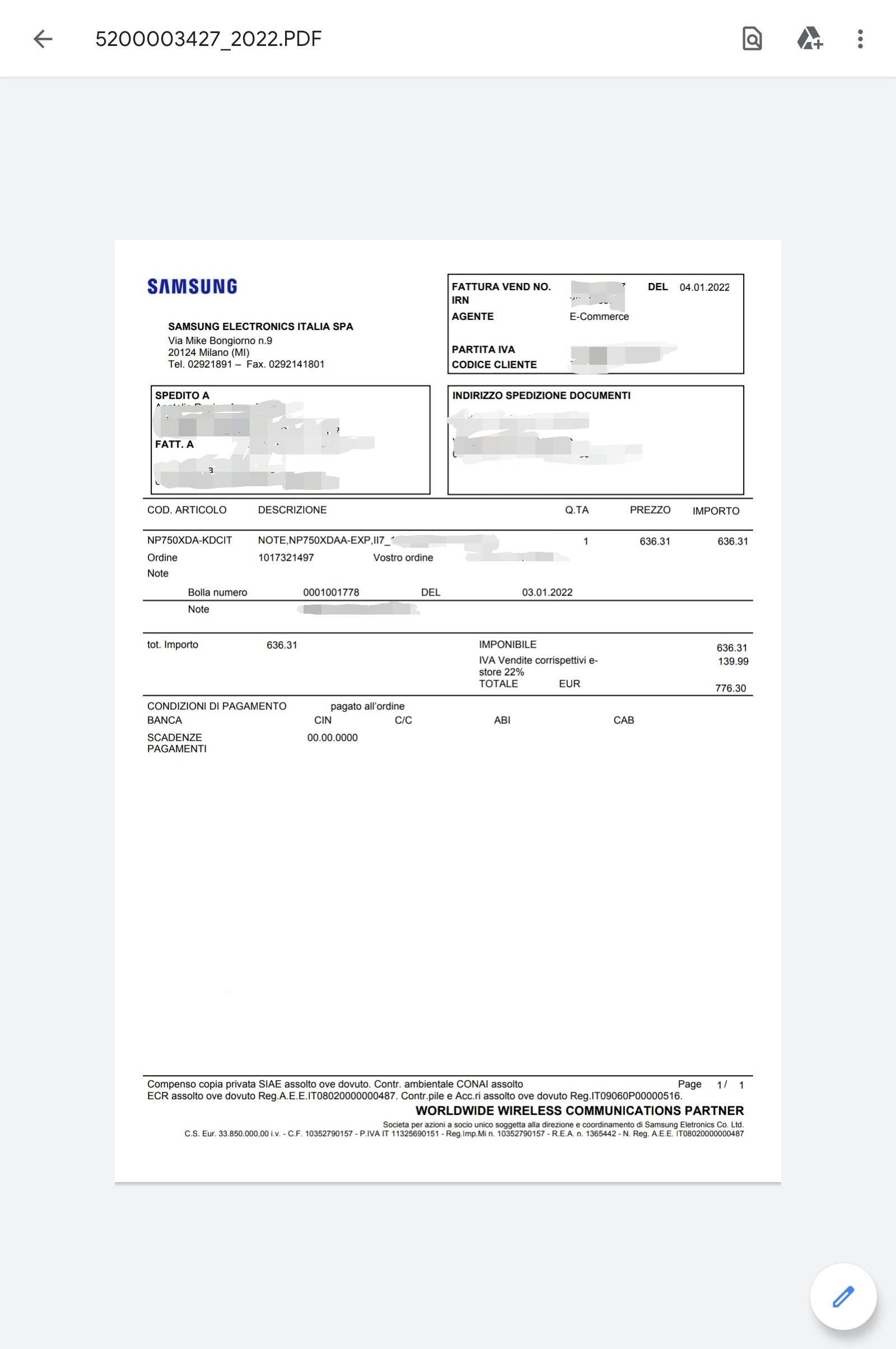 Risolto: Verifica fattura - Samsung Community