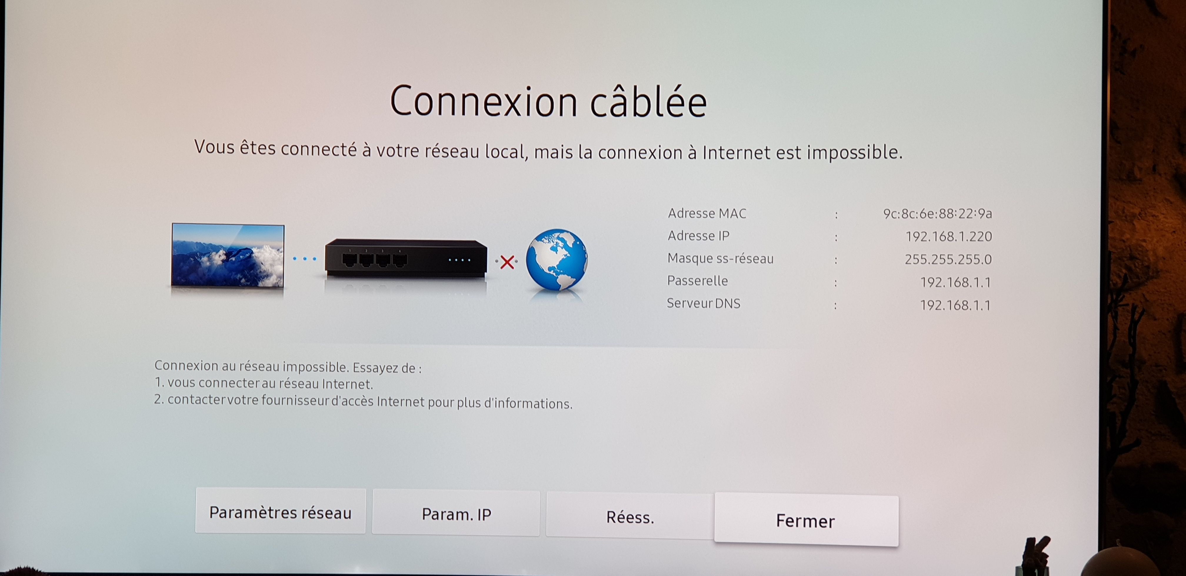 Smart TV connectée au réseau local mais pas a internet...!!! - Samsung  Community