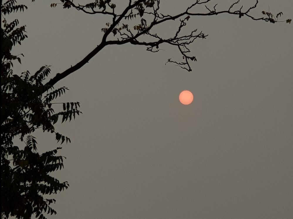Op 17 oktober was er een vage, rode gloed te zien voor de zon vanwege stof van de bosbranden in Portugal en Saharazand meegenomen door de storm.