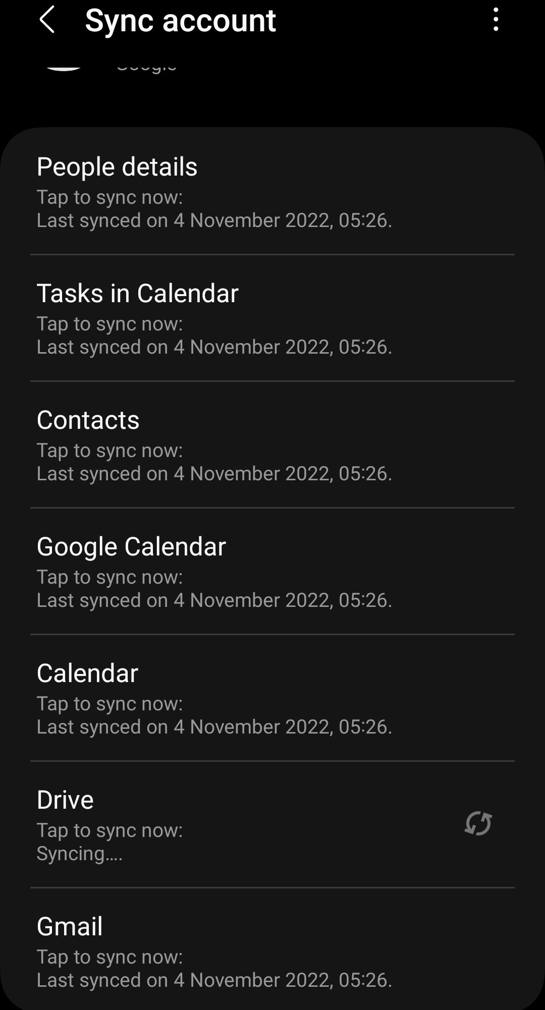 Solved: S22 Google accounts selective sync not an option after October  update - Samsung Community