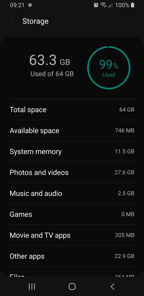 The advanced storage menu showing the old figure of photos and videos.