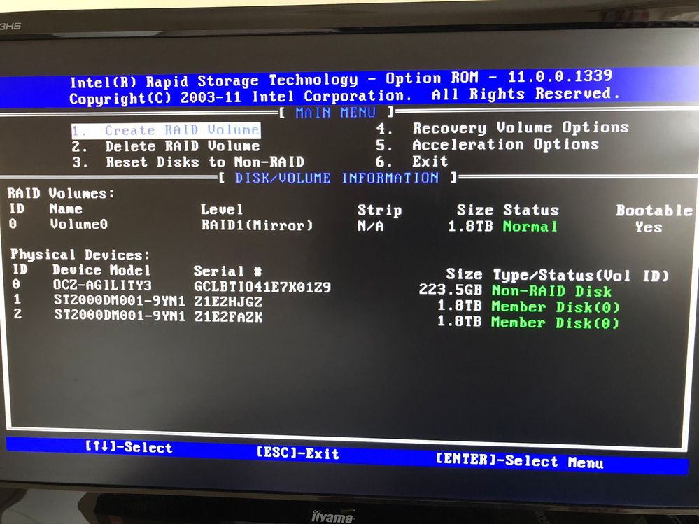 config screen prior to disk swap