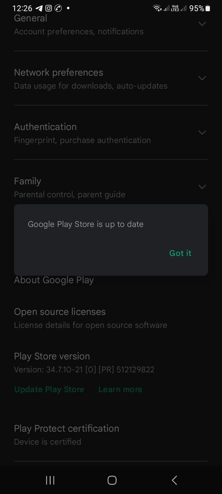 Play store Settings about shows it has latest