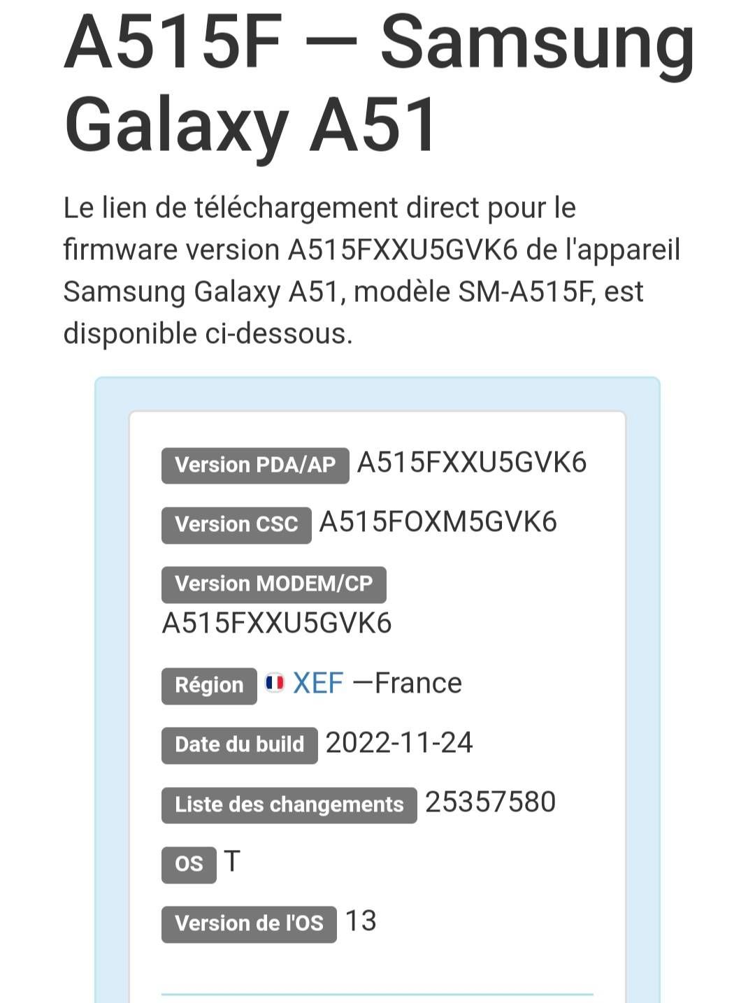 Mise à jour Android 13 sur Galaxy A51 5g - Samsung Community