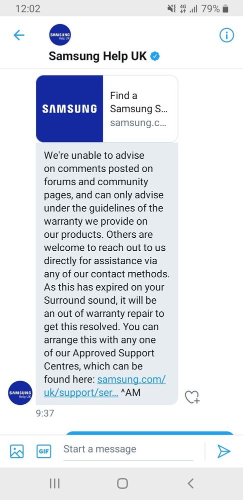 After finally getting a response from them after days of trying and then multiple messages back and forth they now seemed to be trying to fob me off with the above out of warranty rubbish. I'm  astounded that they are not facing up to an issue that is so obviously their fault. It won't be the last communication they have from me that's for sure and I urge you all to keep messaging them by any means until they front up to this mess. Copy in as many other organisations that may have an interest in the shambolic way Samsung are treating customers and trying to cover up a major issue.