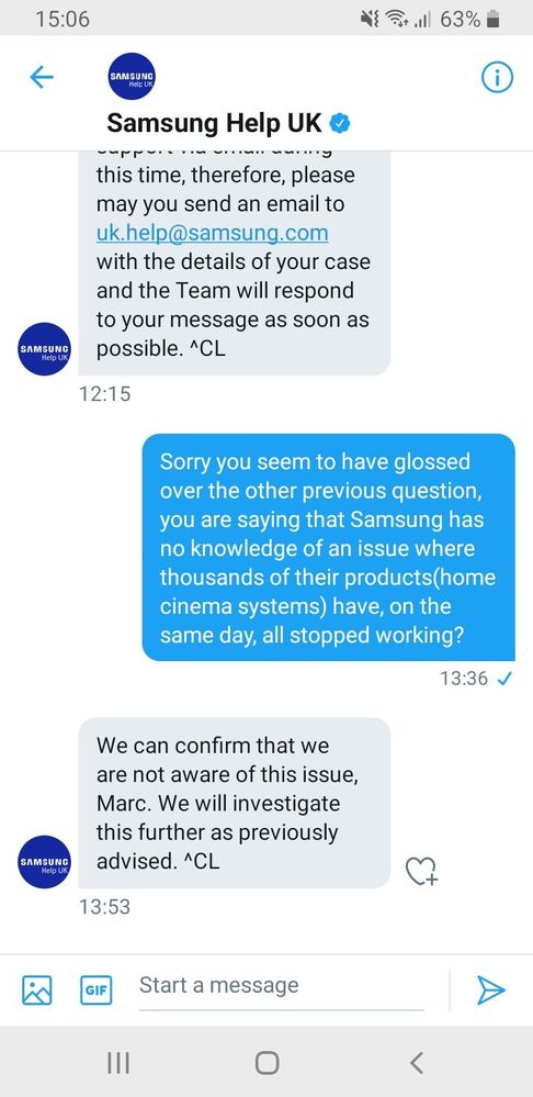 Can I ask everyone here to make sure you contact Samsung in your own country on twitter, email, phone etc to inform them of this problem so they have no excuse to try and fob us off that they are not aware of an issue. I got them to confirm that in writing as you can see above a couple of hours ago even though we know they are aware. We need to keep pushing them hard