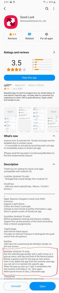 Good LockMultiStar (Android 10 only) Run the selected app quickly with a split screen or a pop-up menu, with tap and hold of the Recent button.