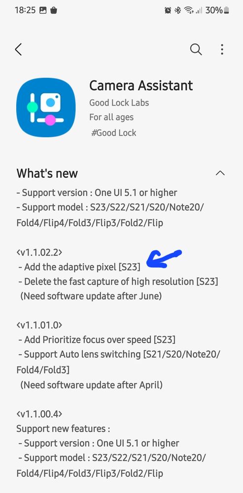 Camera assistant update to turn off or ON adaptive pixel 