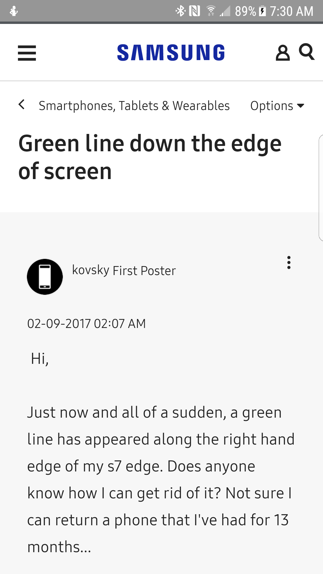 Solved: Green line down the edge of screen - Samsung Community