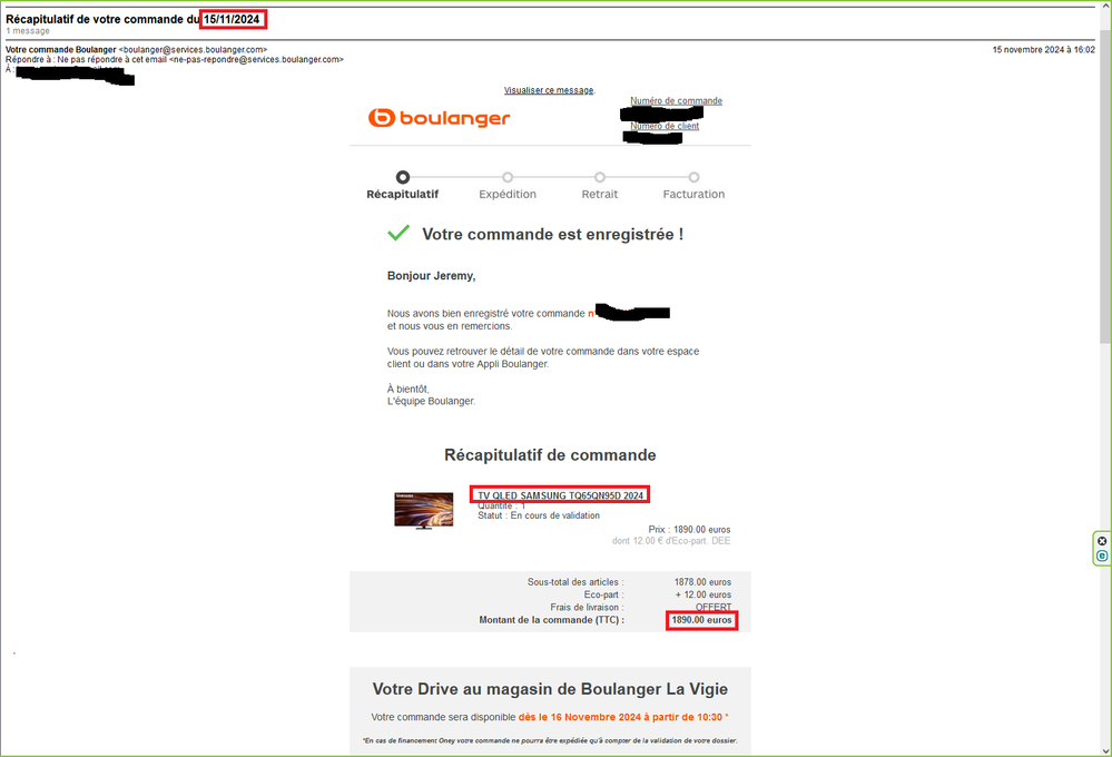 Preuve d'achat 2 : Capture d'écran du mail "Récapitulatif de commande"