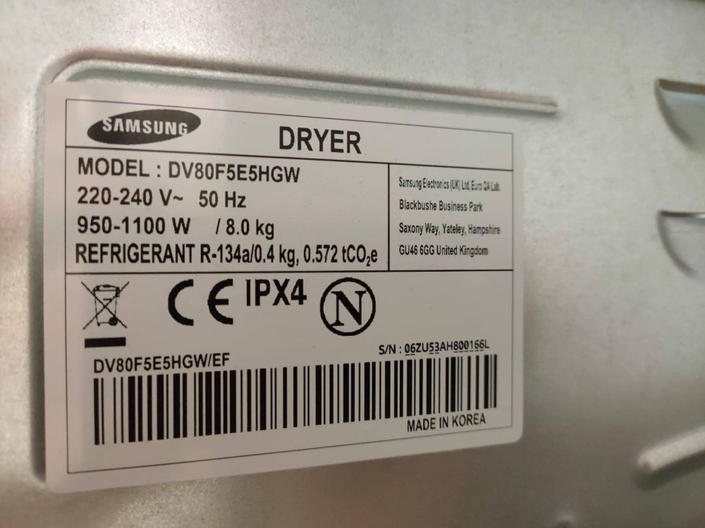 Sèche-linge Samsung DV80F5E5HGW code erreur HE à l'allumage - Samsung  Community