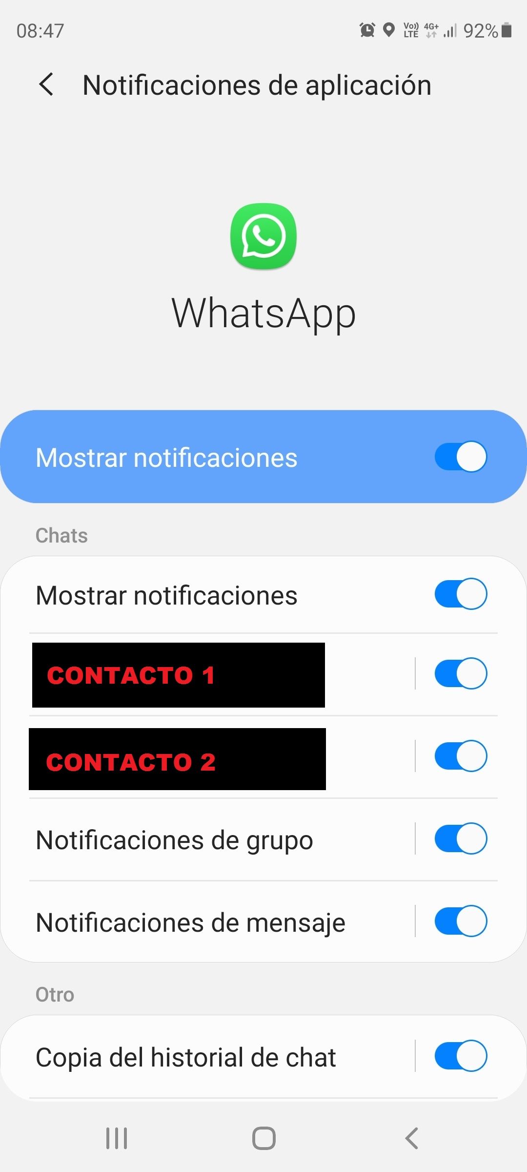 Solucionado: eliminar los contactos que aparecen en ajustes - notificaciones  - whatsapp - Samsung Community