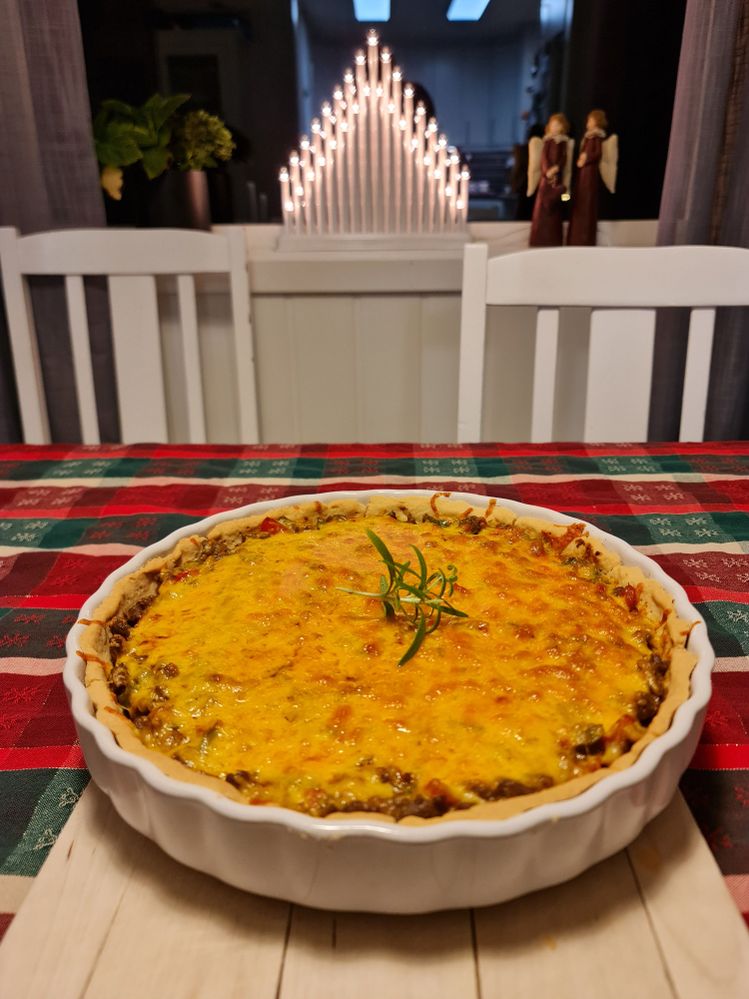 This is a taco pie! We like to have a very different dinner before the traditional Christmas meals come.  This year it's a taco pie. It is amazing!