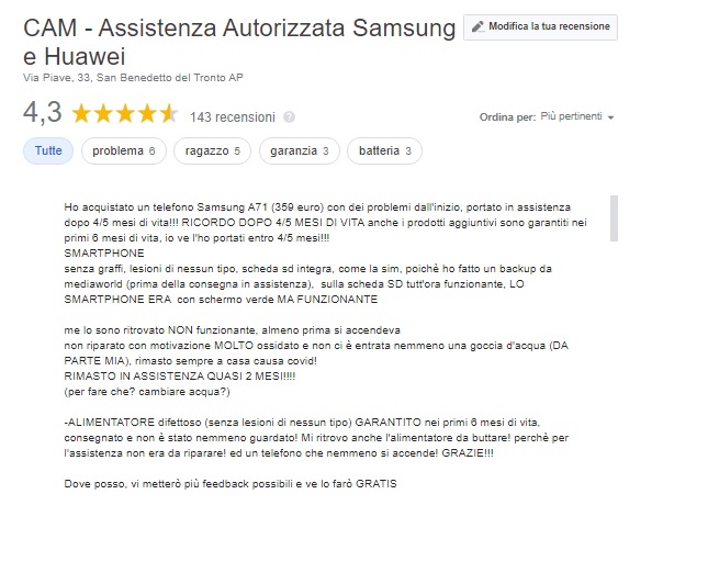 Service and warranty problem A71 - Italia - CAM - Assistenza Autorizzata  Samsung e Huawei Via Piave, 33, 63074 AP - Samsung Community