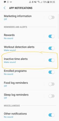 S Health app notifications, Inactivity Time Alerts
