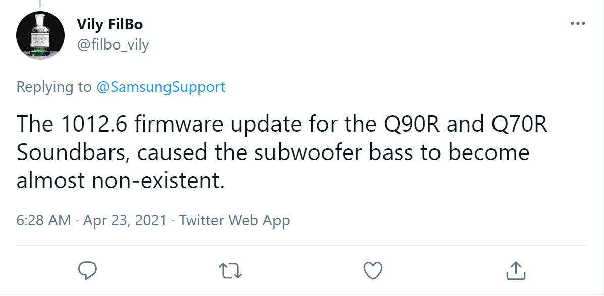 HW-Q90R Soundbars Low subwoofer with 1012.6 Firmware - Samsung Community