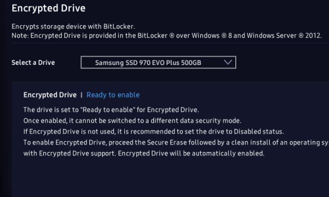 Samsung SSD 970 EVO Plus drive encryption won't change from Ready to Enable  - Samsung Community