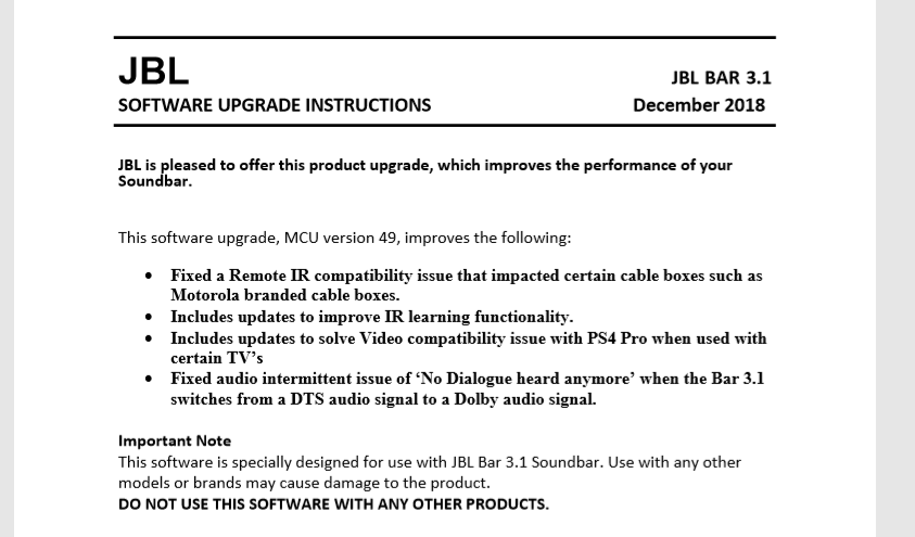 jbl bar 3.1 sw upgrade