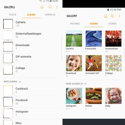 Links mijn Galerij, rechts een screenshot van de Galerij in Galaxy Apps.