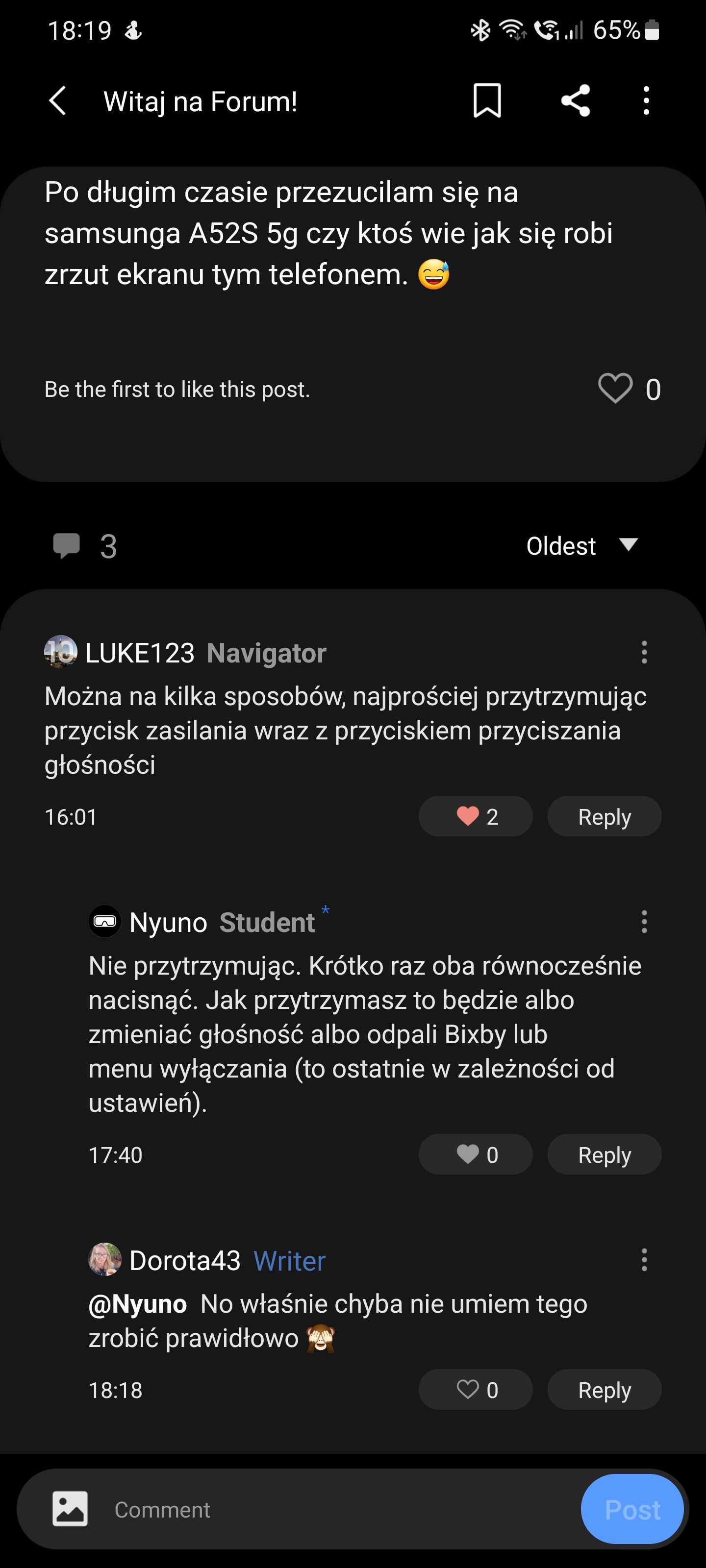 Zrzut ekranu Samsung Community