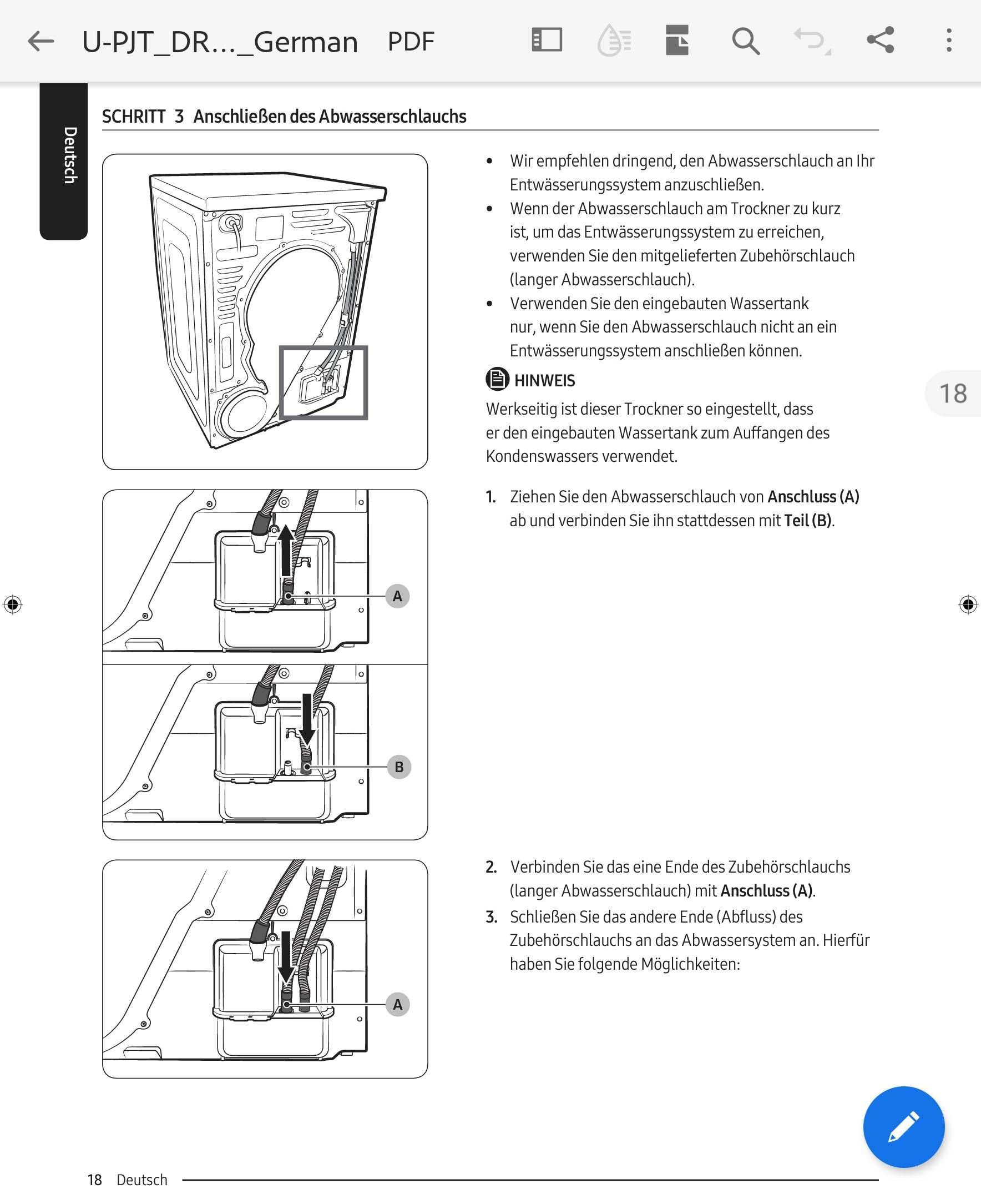 Trockner ist am Abwasserschlauch angeschlossen - trotzdem Wasserbehälter  leeren?? - Samsung Community