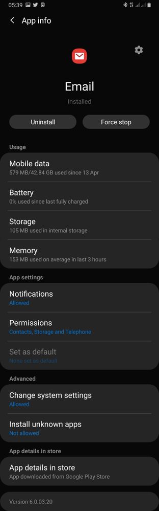 Stock Samsung email app info.